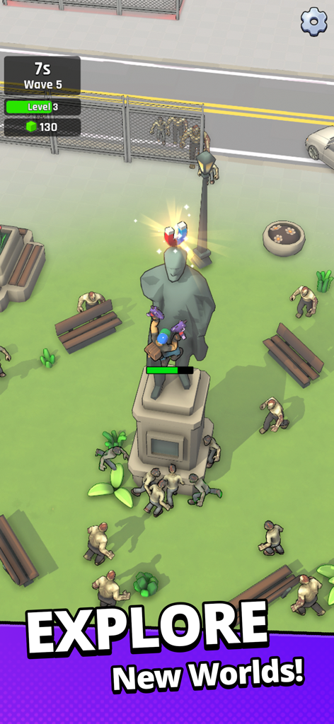 A survivor standing on a statue using mechanical arms to shoot at a zombie horde in an urban park.