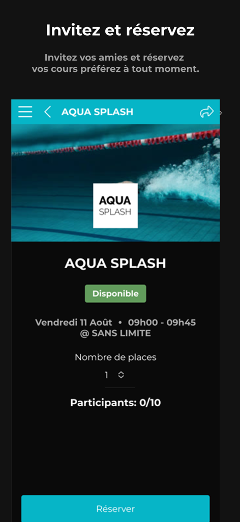 SwimSpot - Interface de l'application mobile SwimSpot pour la réservation d'une session aquatique Aqua Splash