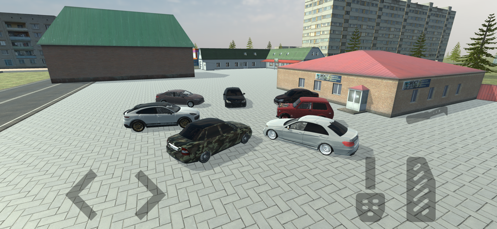 Several customized cars gathered in a parking lot with on screen driving controls