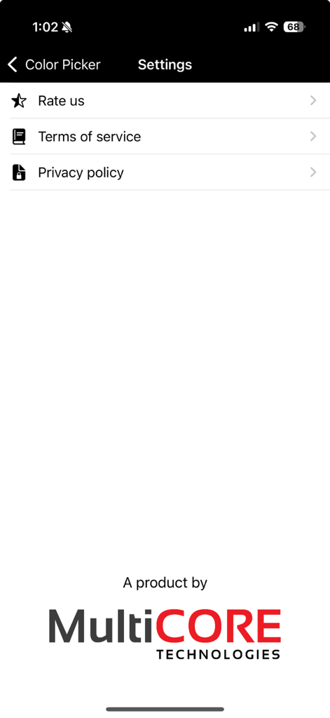 Color Picker App - Settings menu of the Color Picker App showing options for rate us terms of service and privacy policy with the MultiCORE TECHNOLOGIES logo