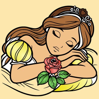 a fairytale princess sleeping with her hands crossed on her chest and a rose on her chest realistic