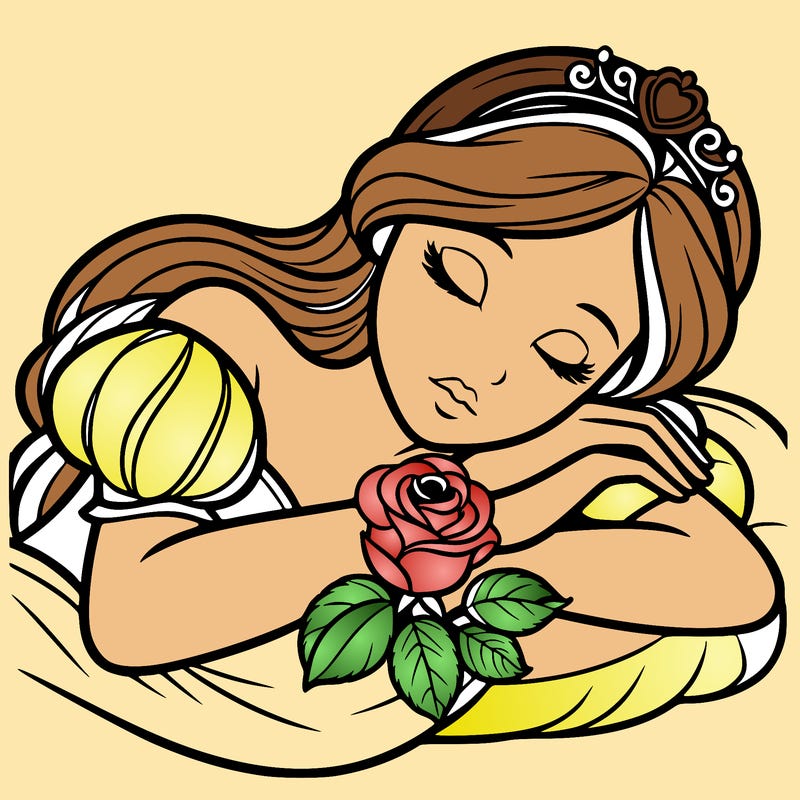 a fairytale princess sleeping with her hands crossed on her chest and a rose on her chest realistic