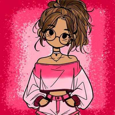 girl with a messy ponytail glasses a baggy crop top and jean shorts