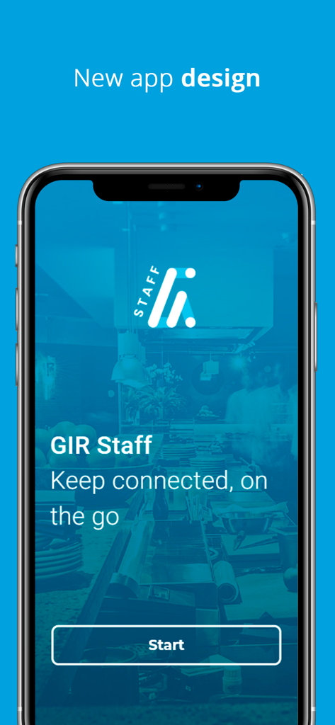 Tela de boas-vindas do aplicativo móvel GIR Staff em um smartphone exibindo o slogan Mantenha-se conectado em qualquer lugar sobre um fundo de restaurante desfocado.
