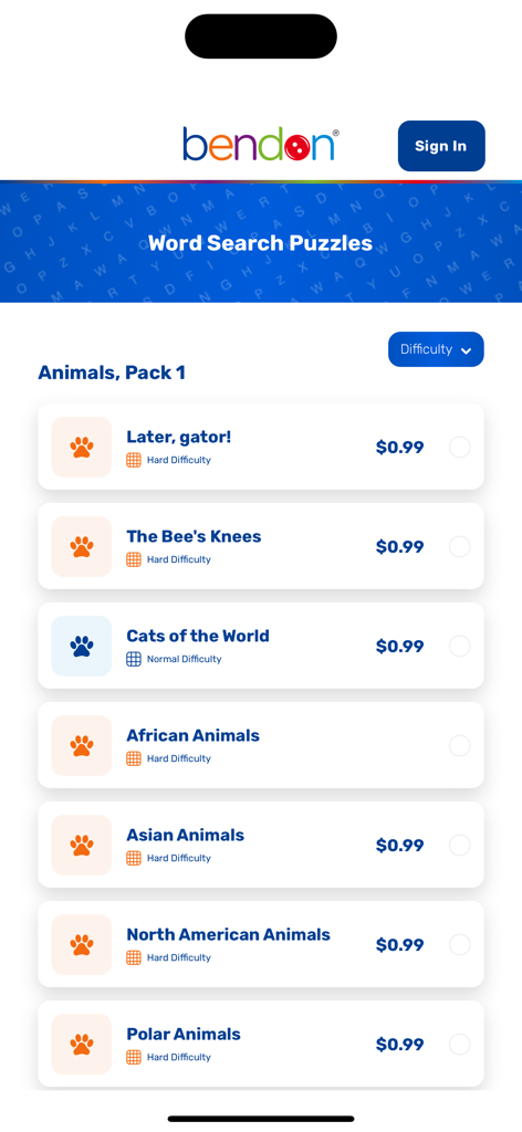 Bendon Word Search - Bendon Word Search app interface showing a list of animal themed puzzle packs with difficulty levels and prices