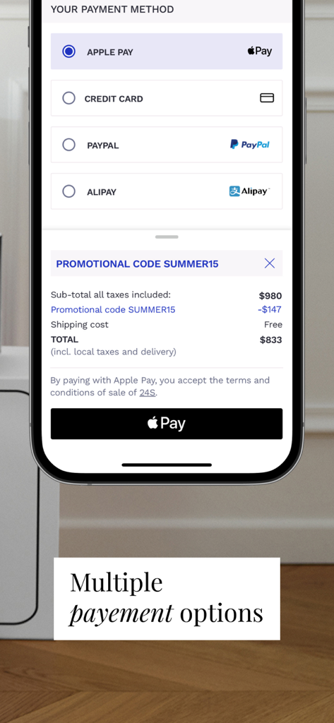 24S: Luxury Fashion Designers - Checkout screen of the 24S luxury fashion app displaying payment methods including Apple Pay PayPal and credit card