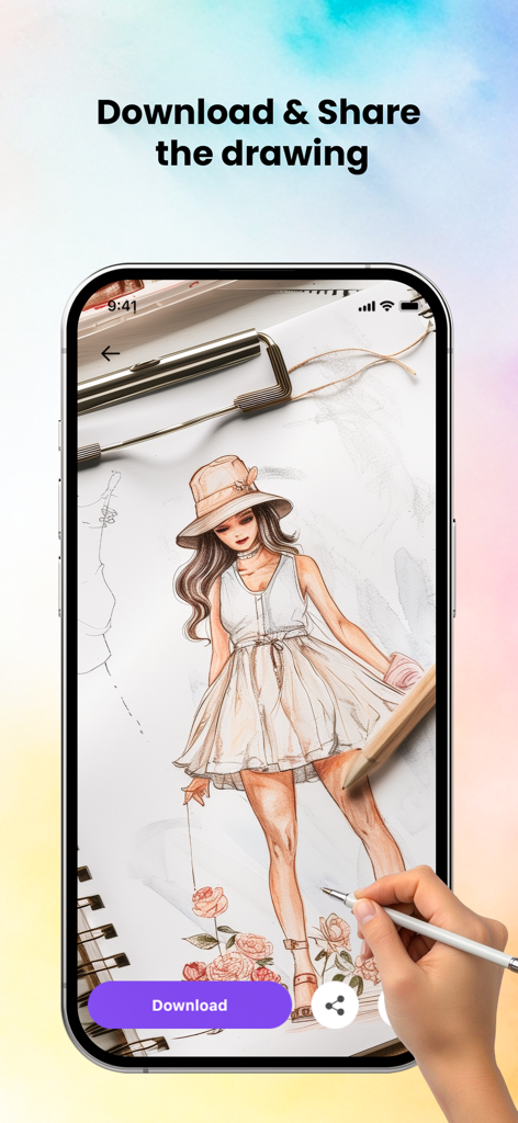 Coloring Pop - AI Art Maker - Un'interfaccia di app mobile che mostra una mano che disegna una donna elegante con pulsanti per scaricare e condividere l'opera d'arte