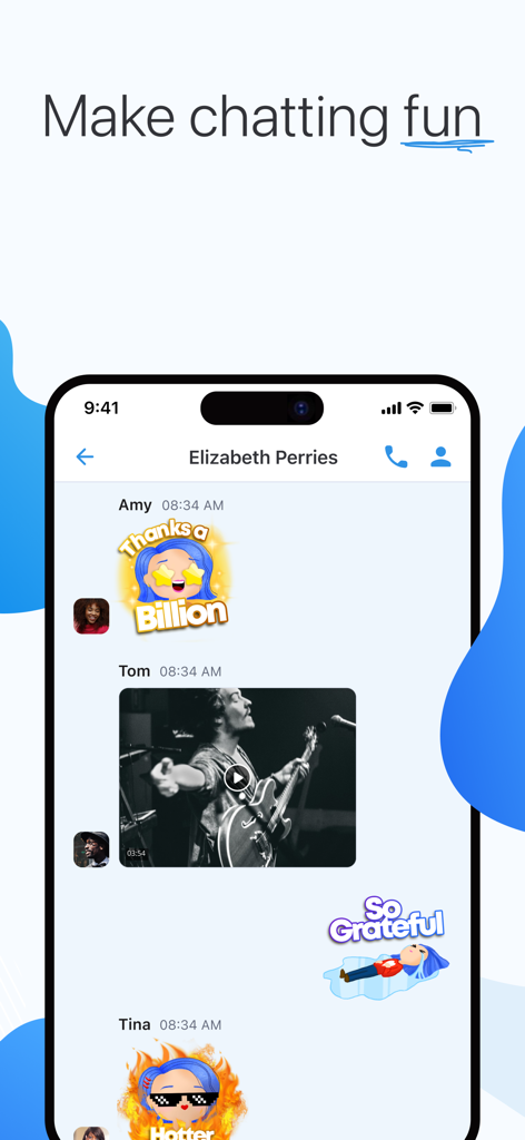 A chat conversation in the KingsChat app featuring expressive stickers and shared video content