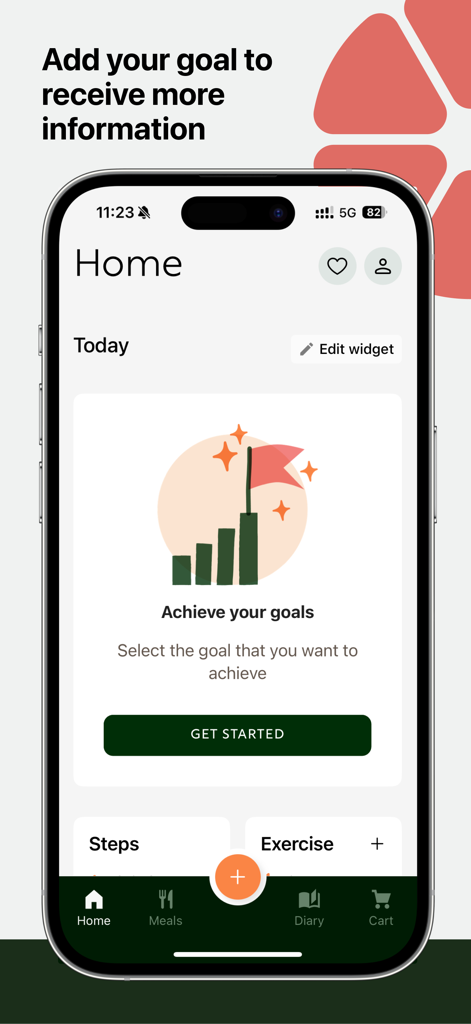 ForeverMore - healthy meals - ForeverMore app home screen showing a goal setting prompt and fitness tracking widgets.