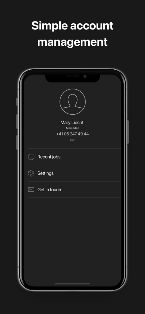 TaxiFy Driver - Account management screen of the TaxiFy Driver app showing a driver profile with recent jobs and settings options