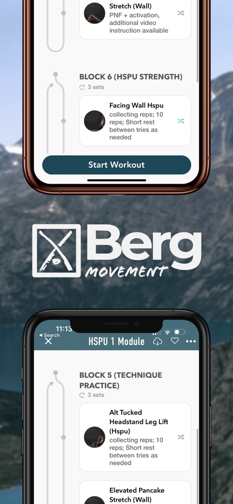 Berg Movement - Berg Movement app interface displaying calisthenics training modules and handstand push-up strength progressions.