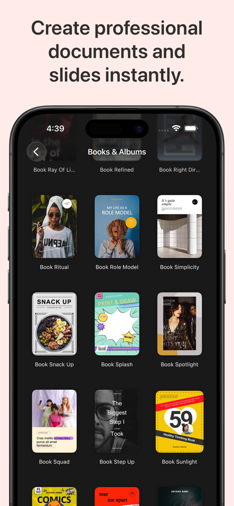 Microsoft Office용 도구 앱의 전문 서적 및 앨범 템플릿 갤러리.
