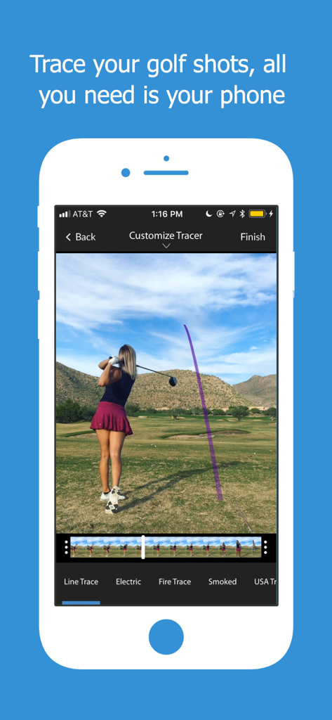 Smartphone displaying The Golf Tracer app interface with a purple trajectory line following a golfer swing on a course