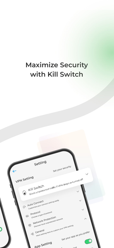 Symlex VPN mobile app interface showing the kill switch security setting to prevent data leaks.