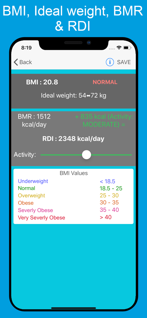 Mobile app interface showing BMI BMR and RDI health metrics with a classification table