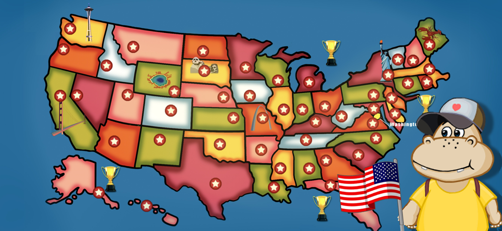 Joyland - Toddler ABC Games - Mapa educativo dos Estados Unidos para crianças com estrelas, marcos, troféus e um personagem hipopótamo segurando uma bandeira americana.