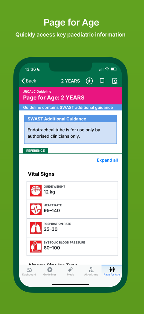 JRCALC PLUS - JRCALC PLUS app showing paediatric vital signs for a two year old child