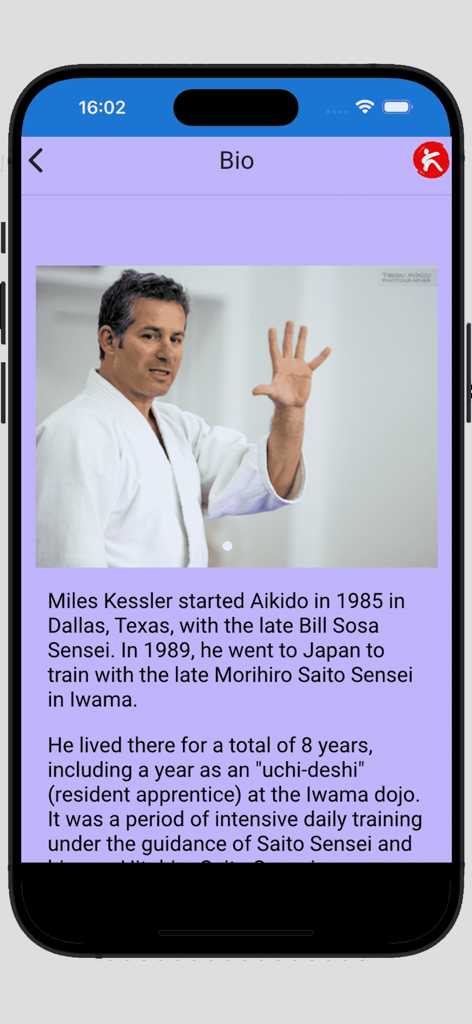 Biography screen showing Miles Kessler Sensei with a photo and training history in the Aikido-ALL app