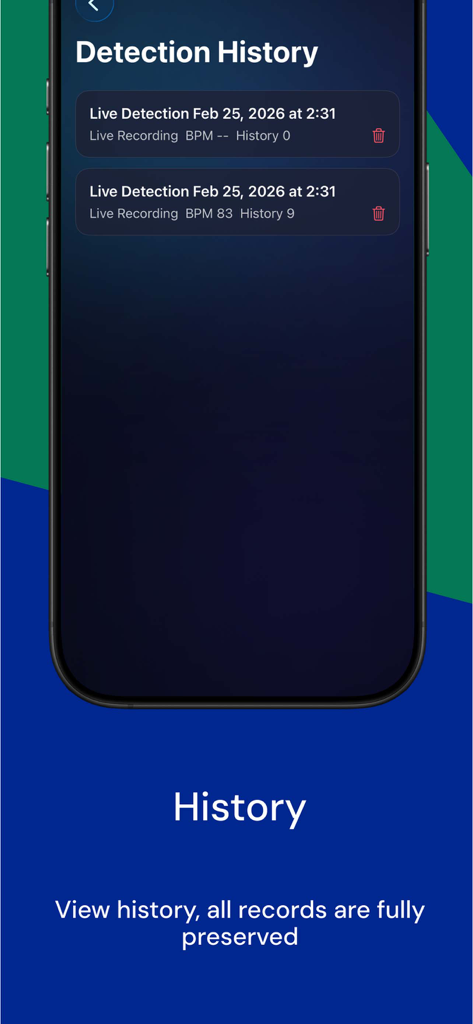 BPM Detector - Tempo Analyzer - Detection history screen showing a list of saved BPM analysis records with dates and timestamps