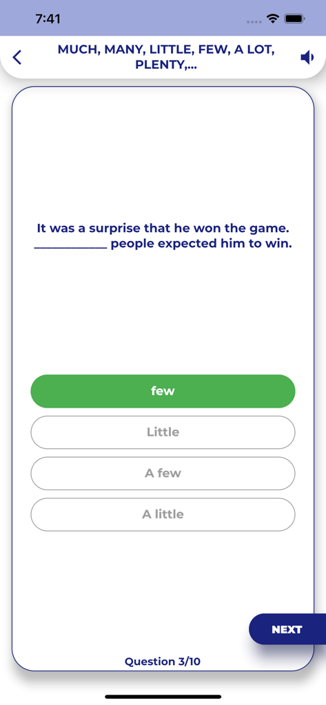 PORO - English Grammar - English grammar quiz screen showing a multiple choice question about quantifiers on the PORO app.