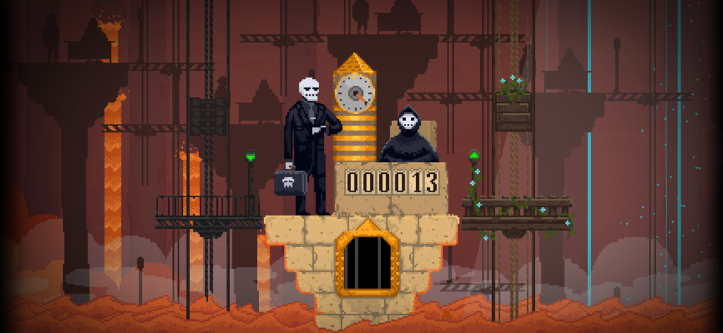 Pixel art of skeletal Reapers in suits at Apocalypse Inc headquarters in the game Peace Death