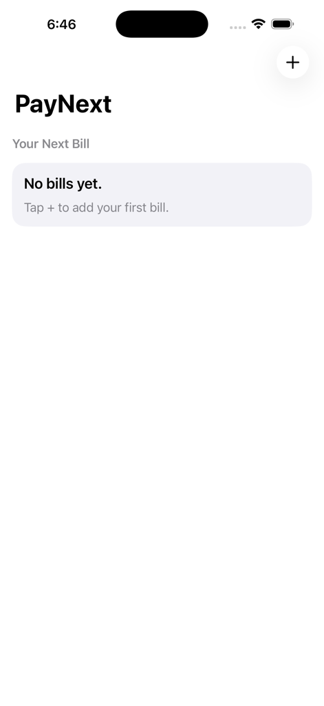 Pay It Next - Stato vuoto dell'app Paga Avanti che mostra un prompt per aggiungere la prima bolletta