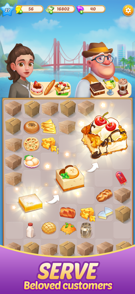 A merge puzzle board showing food items being combined to serve customers in Merge Food Chef Decoration game.