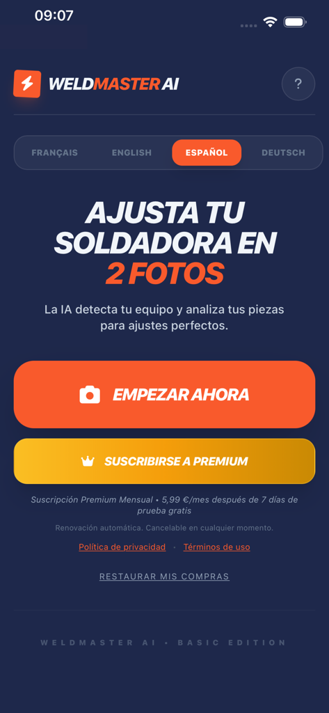 Weldmaster AI - Interface da tela inicial do aplicativo Weldmaster AI em espanhol mostrando opções para iniciar um escaneamento da máquina de solda e fazer upgrade para premium.