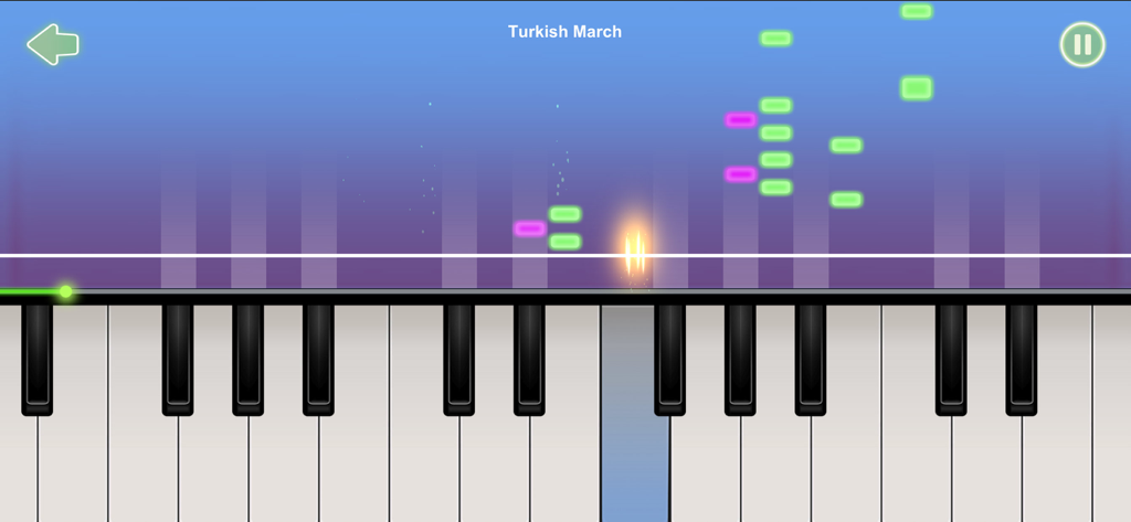 Real Piano – Learn & Play - Real Piano app interface showing a virtual keyboard with falling notes for the song Turkish March.