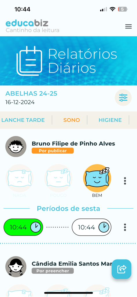 Educabiz - Educabiz app interface showing daily reports section for child sleep and nap tracking