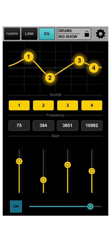 equalizer settings screen in the mymon app showing frequency curve and gain sliders for personal monitor mixing