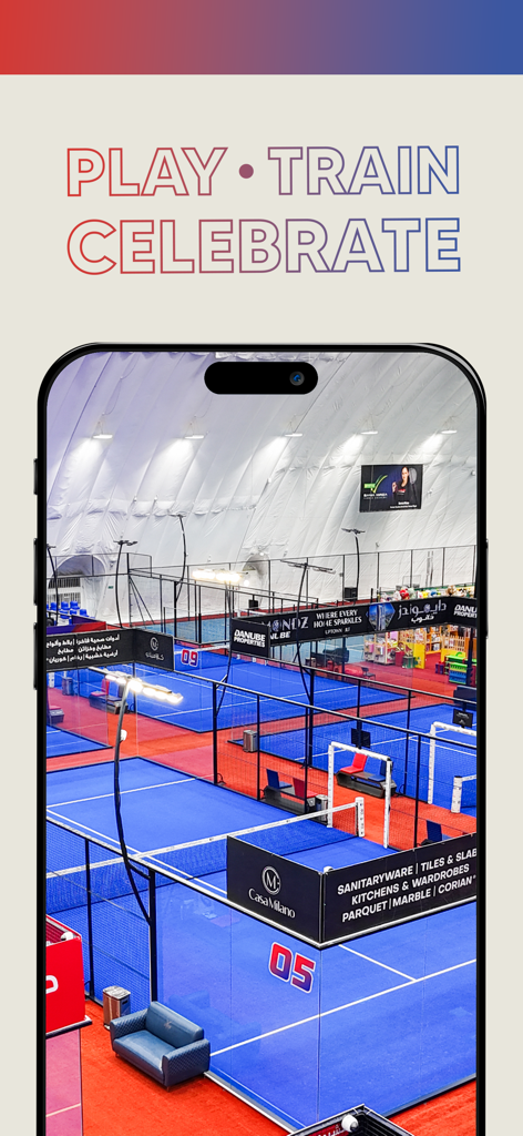 Danube Sports World - Mobile app screen showing professional indoor padel courts at the Danube Sports World facility
