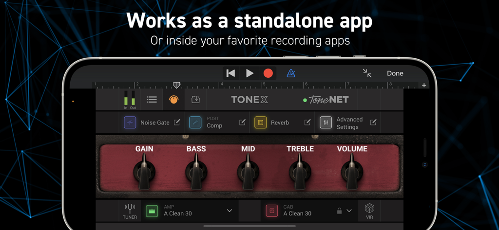 AmpliTube TONEXギターアンプインターフェース。モバイルレコーディングアプリ内でAUv3プラグインとして統合