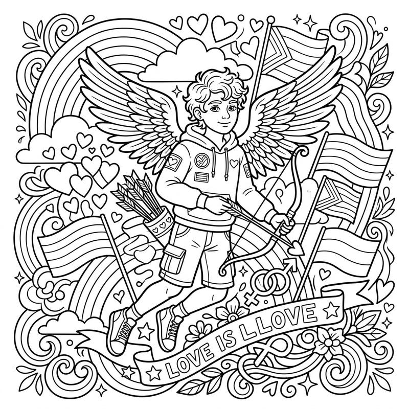 Dive into a vibrant celebration of love and identity with this unique Cupid coloring page, specially designed for teens. Featuring Pride Month themes, intricate details, and a modern aesthetic, it's perfect for expressing your creativity.