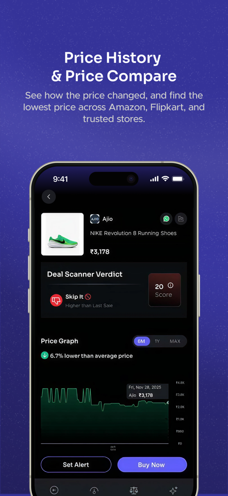 Buyhatke:AI Shopping assistant - Screenshot der Buyhatke-App, der das Preisverlaufsdiagramm und die Händlerbewertung für Laufschuhe anzeigt
