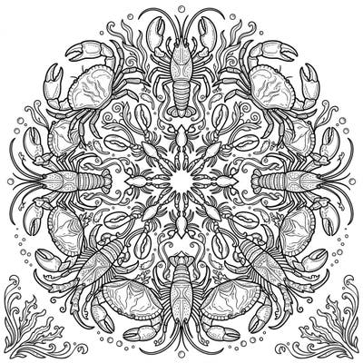 Discover a breathtaking Crabs & Lobsters Mandala coloring page, an intricate radial design featuring symmetrical marine life. Perfect for detailed coloring, this template offers hours of creative relaxation for ocean lovers.