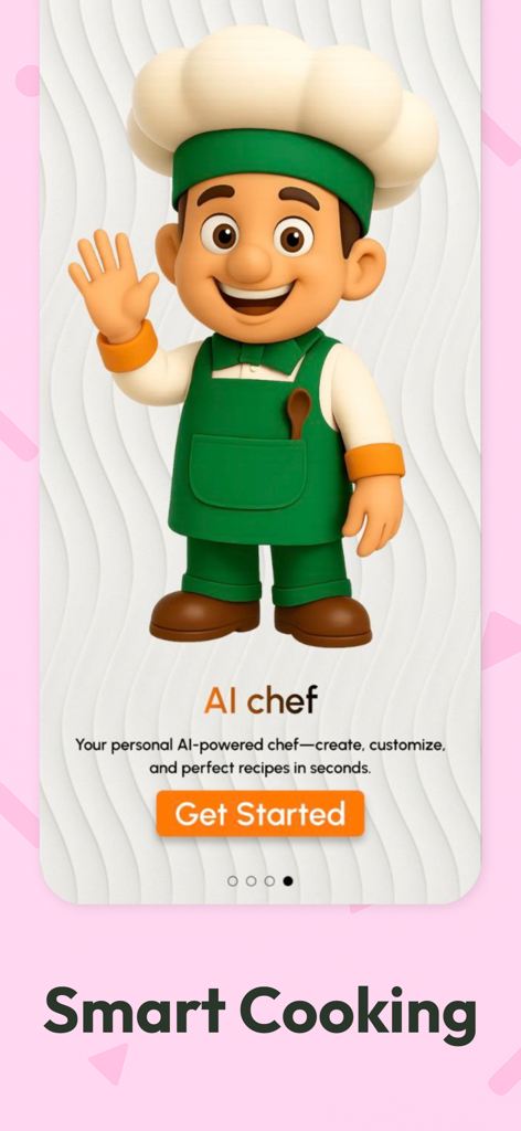 RecipifyAI AI Recipe Generator - RecipifyAI app onboarding screen featuring a friendly cartoon AI chef character and a get started button.