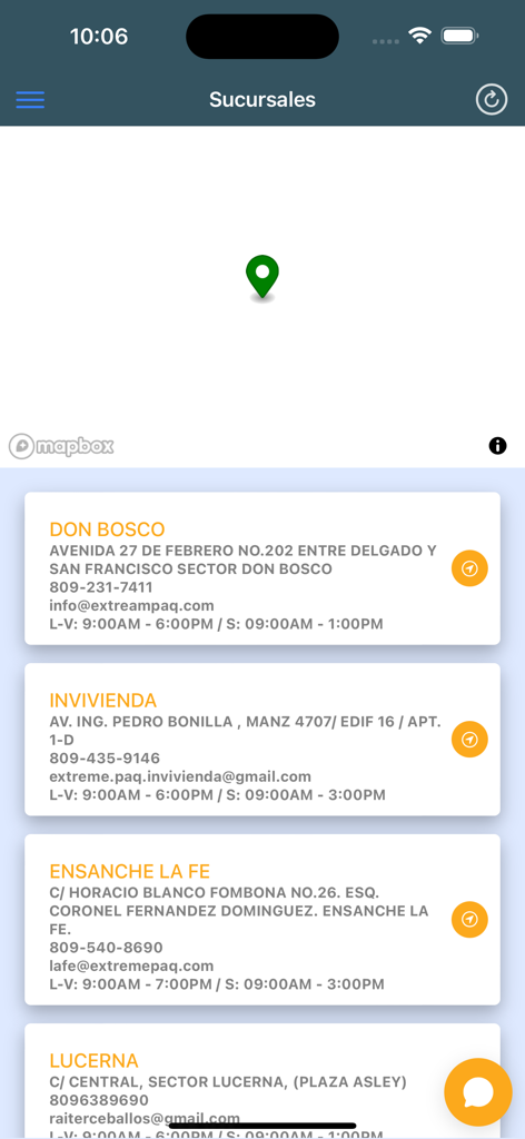 Extreme Paq - Mobile app screen showing a list of physical branch locations with addresses and contact information