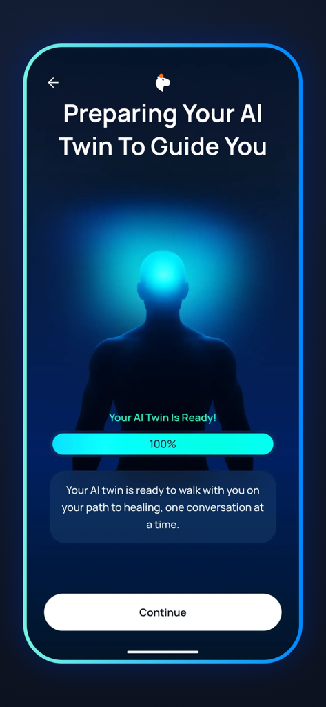 COPYMIND: AI Twin - Una pantalla de la aplicación COPYMIND que muestra que el AI Twin está listo para guiar al usuario.
