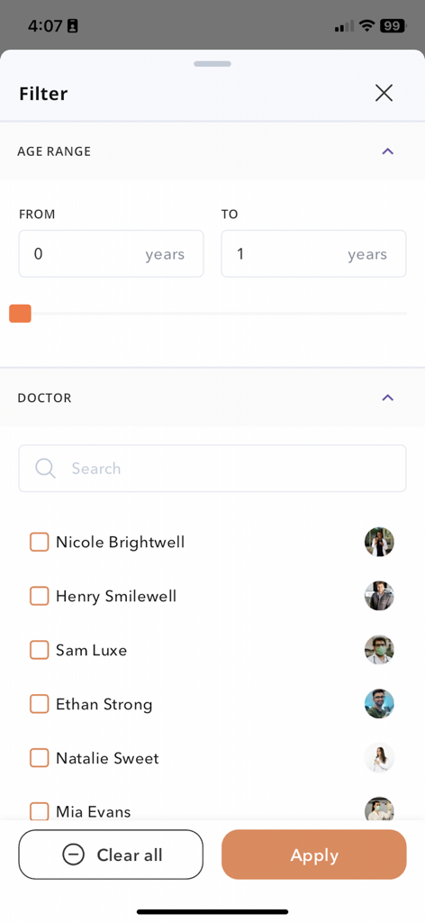Ai-Clinic App-Filterbildschirm mit Kategorien für Patientenalter und Arztauswahl