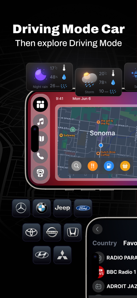 CarLink:Mirror Link Car Screen - CarLink app interface showing driving mode with navigation map weather widgets and car brand logos