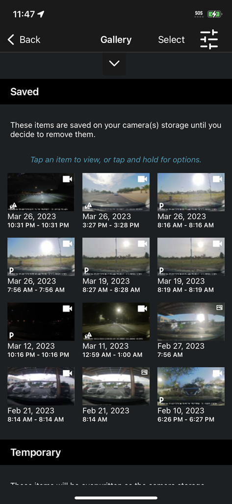 Garmin Drive™ - Una galería de clips de video y fotos de la cámara del tablero guardados dentro de la aplicación Garmin Drive