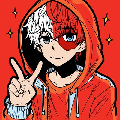 teenage manga boy in a hoodie, doing ✌