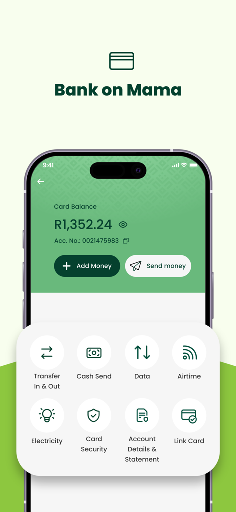 Mama Money - Send Money Home - Mama Money app interface showing a card balance and icons for various services including money transfers and utility payments