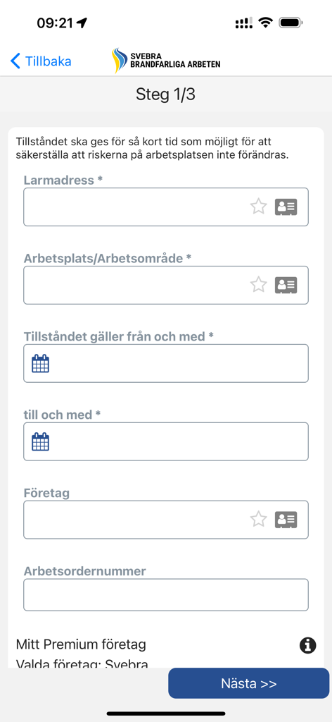 Brandfarliga arbeten - Step one of a digital hot work permit application form on a mobile device showing fields for address and work area