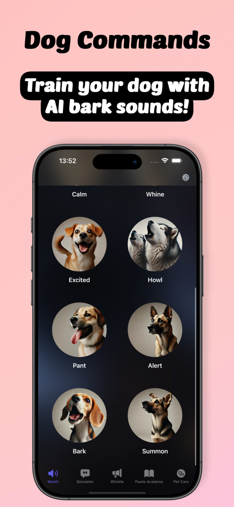Dog to Human - Pawlo - Dog to Human Pawlo app interface for training dogs using AI bark sounds and commands