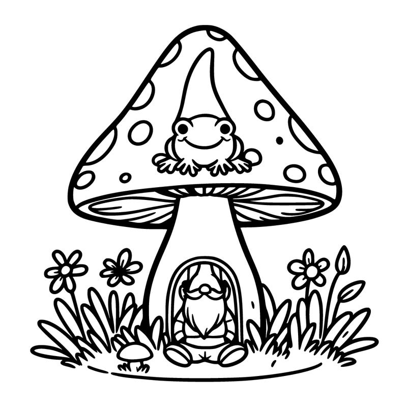 mushroom with gnome living imside and a frog sitting on top