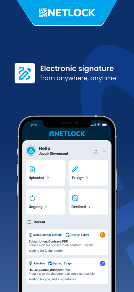 Netlock mobile app interface displaying a dashboard for managing and signing electronic documents