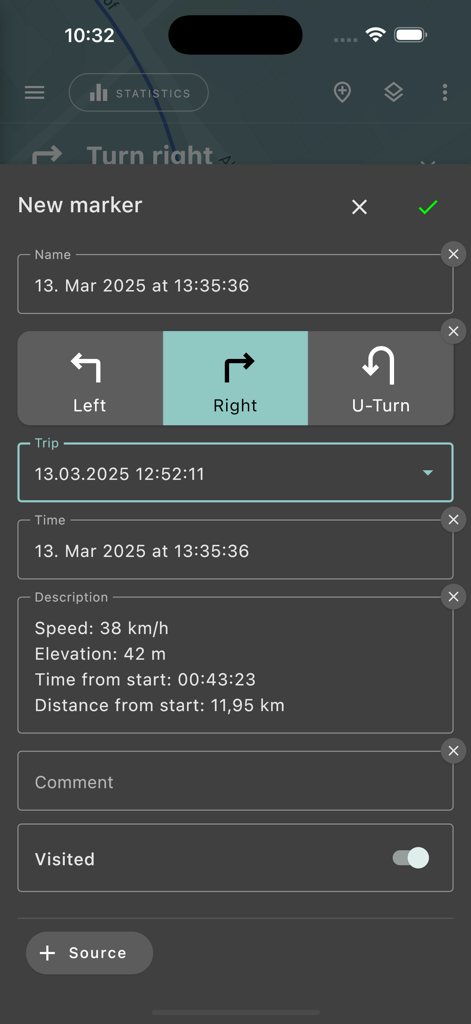 New marker creation interface in the Geo Tracker app showing trip statistics and navigation direction selection
