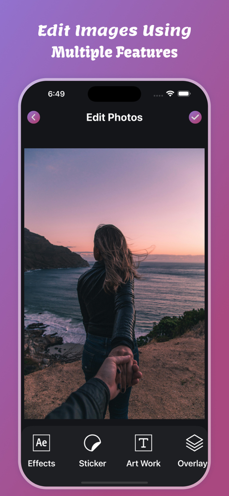 Motion Blur Effect - Interface of Motion Blur Effect app showing photo editing features including effects stickers and artwork on a sunset coastal image